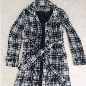 Plaid houndstooth black and white dress long coat